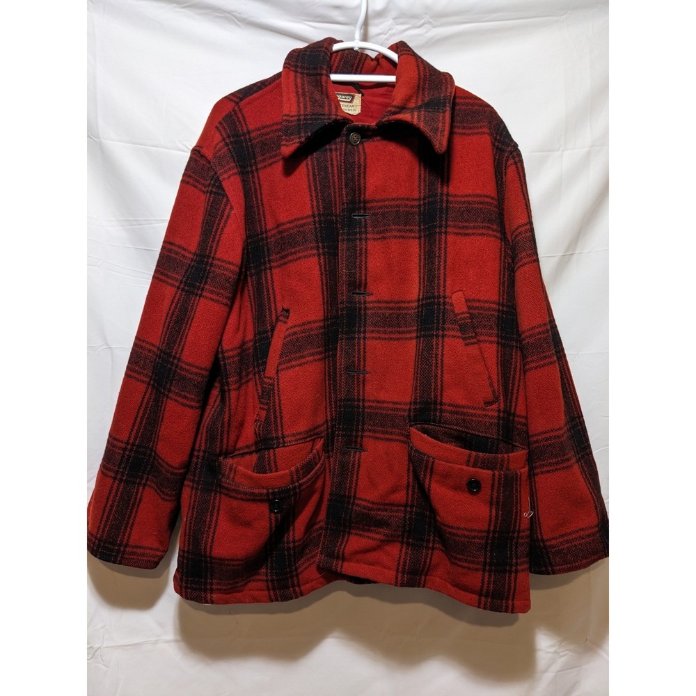 Skagway Wool Plaid Barn Chore Coat Vintage Button Front Jacket Red Black